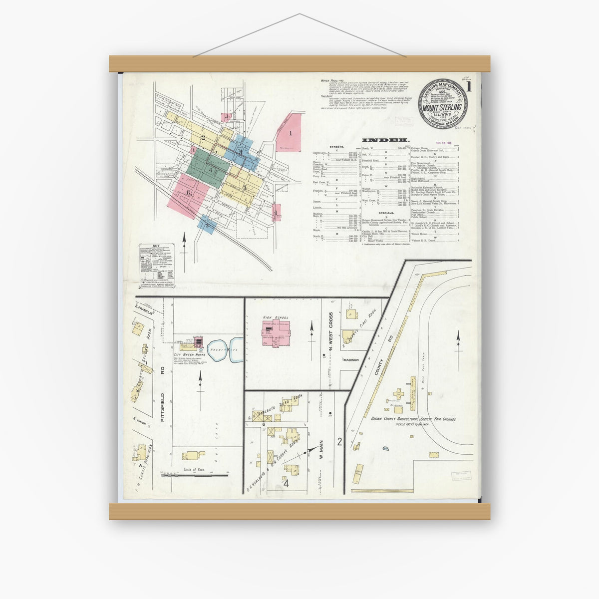 Old map wall art mockup — magnetic wood frame on white wall — Sanborn Fire Insurance Map from Mount Sterling, Brown County, Illinois (1910) - Complete Map Set