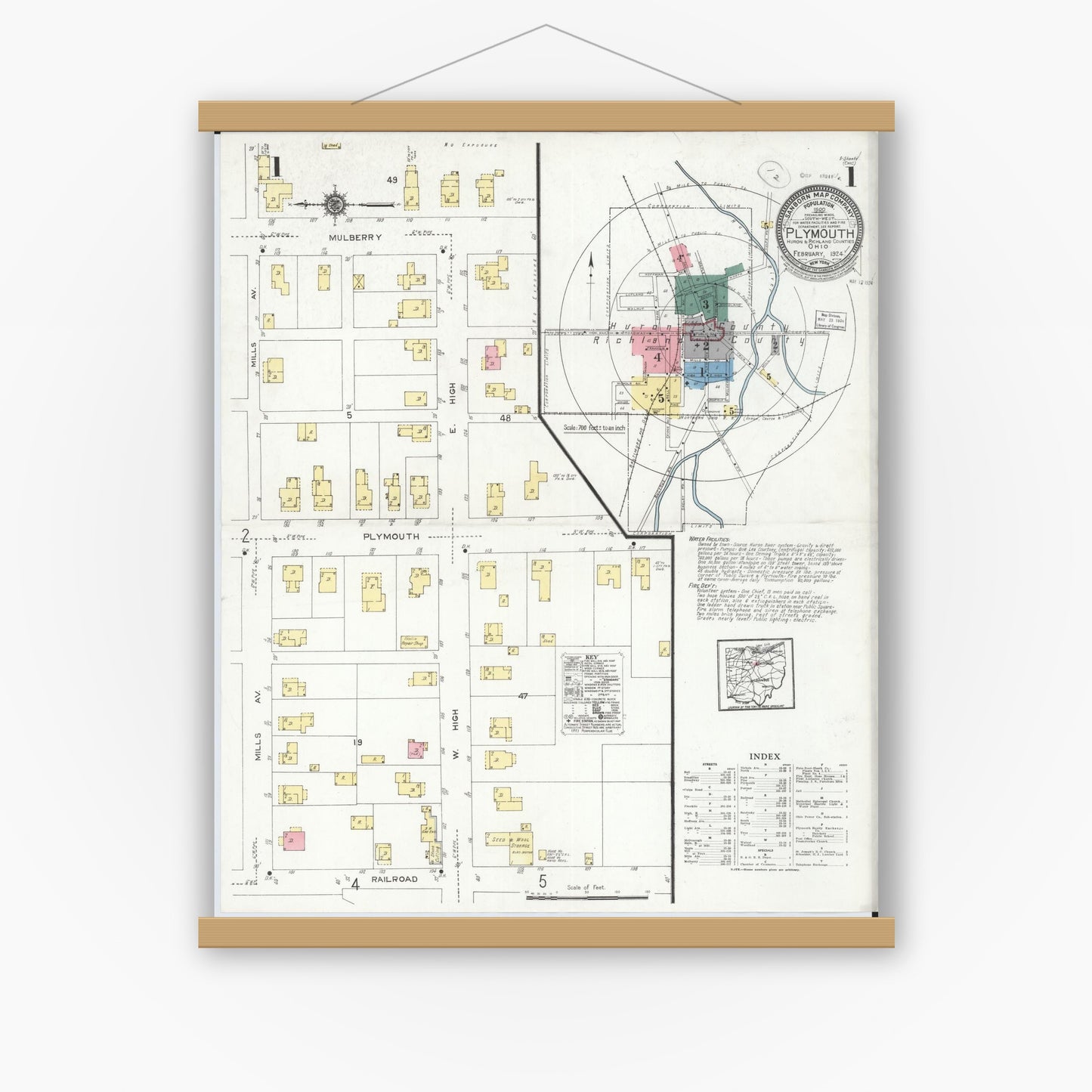 Old map wall art mockup — magnetic wood frame on white wall — Sanborn Fire Insurance Map from Plymouth, Huron And Richland Counties, Ohio (1924) - Complete Map Set