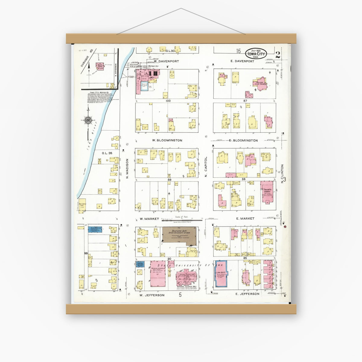 Old map wall art mockup — magnetic wood frame on white wall — Sanborn Fire Insurance Map from Iowa City, Johnson County, Iowa (1920), Sheet #0002