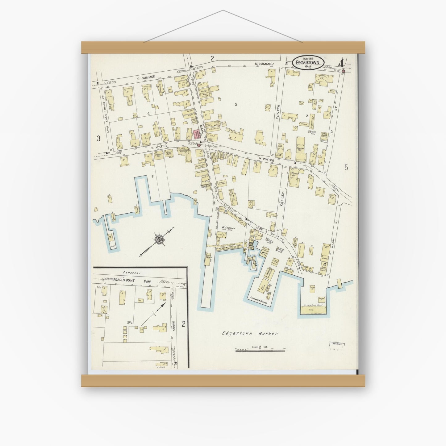 Old map wall art mockup — magnetic wood frame on white wall — Sanborn Fire Insurance Map from Edgartown, Dukes County, Massachusetts (1914), Sheet #0004