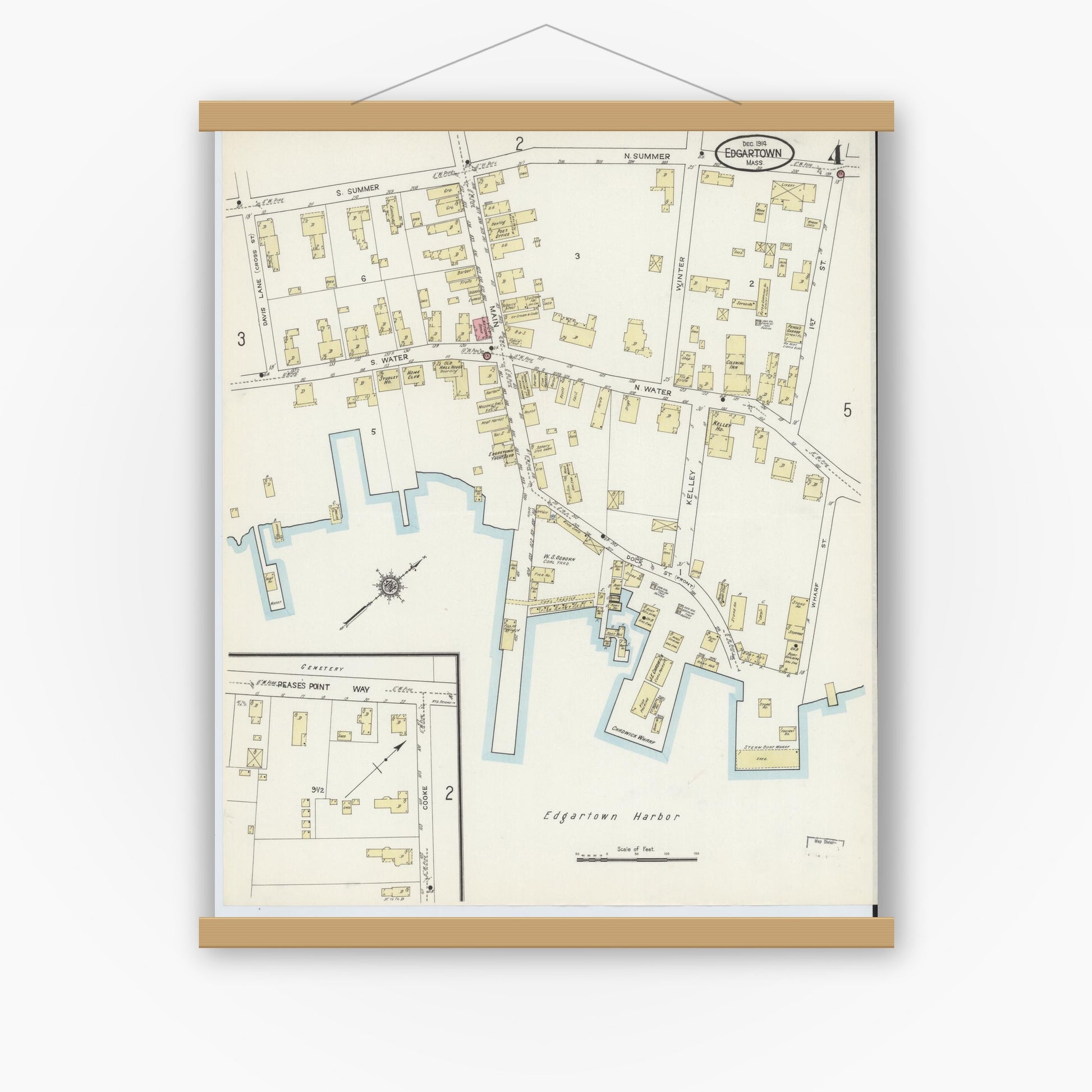 Old map wall art mockup — magnetic wood frame on white wall — Sanborn Fire Insurance Map from Edgartown, Dukes County, Massachusetts (1914), Sheet #0004