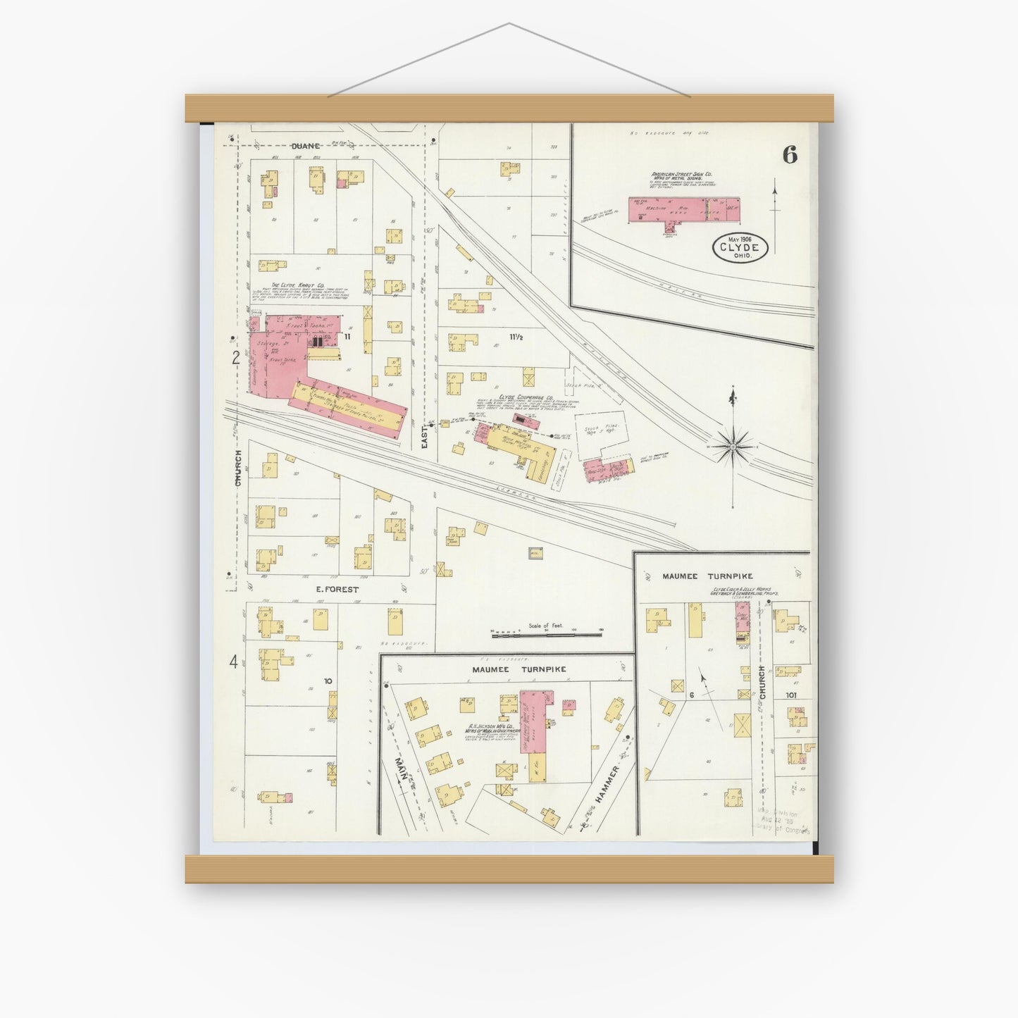 Old map wall art mockup — magnetic wood frame on white wall — Sanborn Fire Insurance Map from Clyde, Sandusky County, Ohio (1906), Sheet #0006
