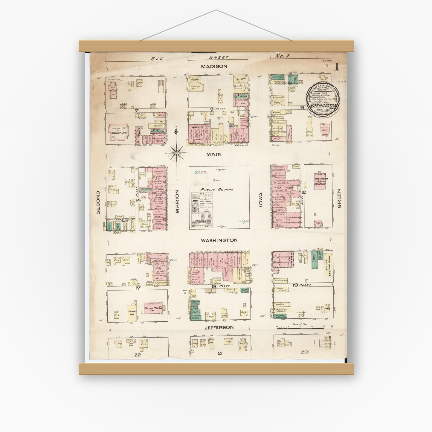 Old map wall art mockup — magnetic wood frame on white wall — Sanborn Fire Insurance Map from Washington, Washington County, Iowa (1885) â€” Complete Set