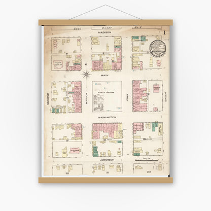 Old map wall art mockup — magnetic wood frame on white wall — Sanborn Fire Insurance Map from Washington, Washington County, Iowa (1885) â€” Complete Set