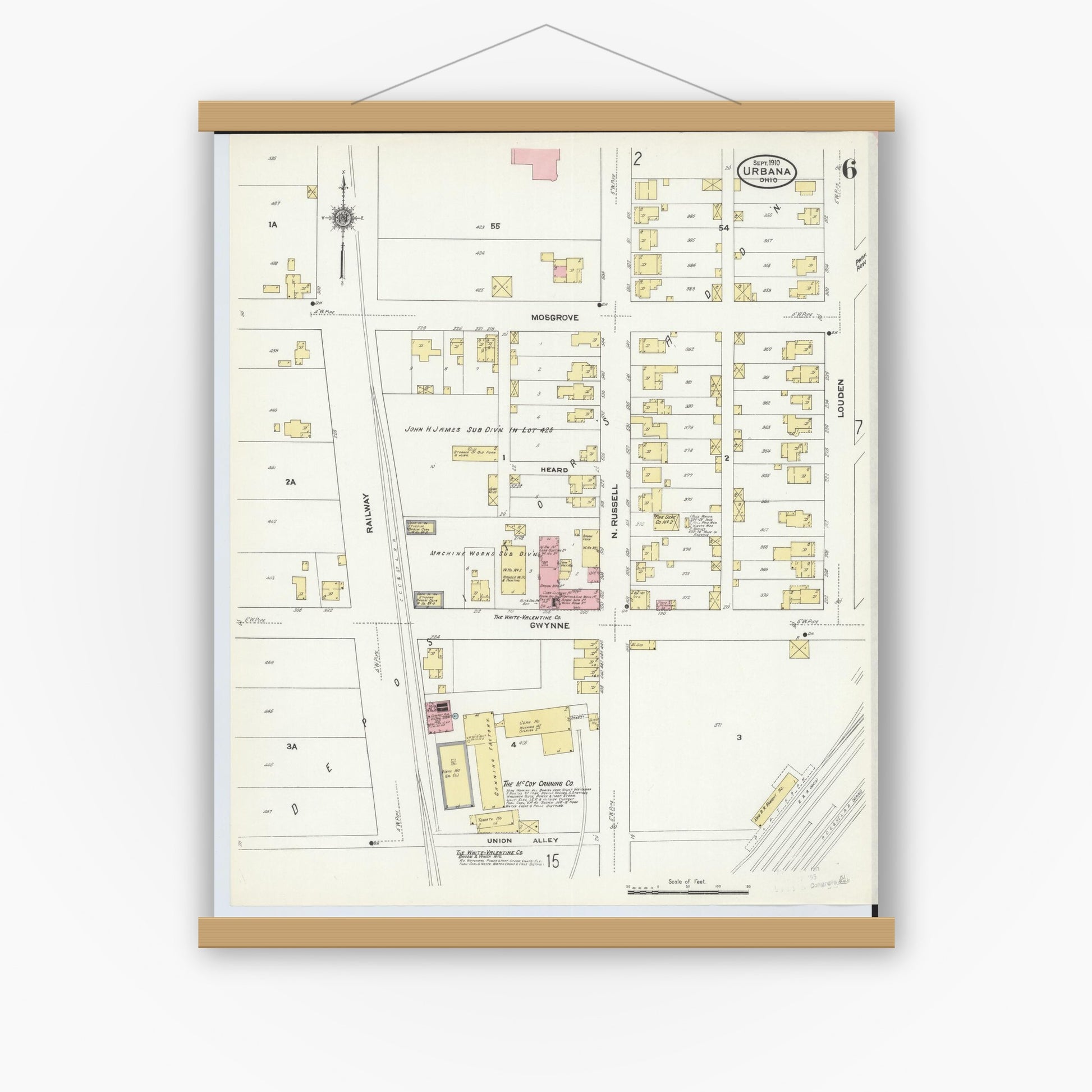 Old map wall art mockup — magnetic wood frame on white wall — Sanborn Fire Insurance Map from Urbana, Champaign County, Ohio (1910), Sheet #0006