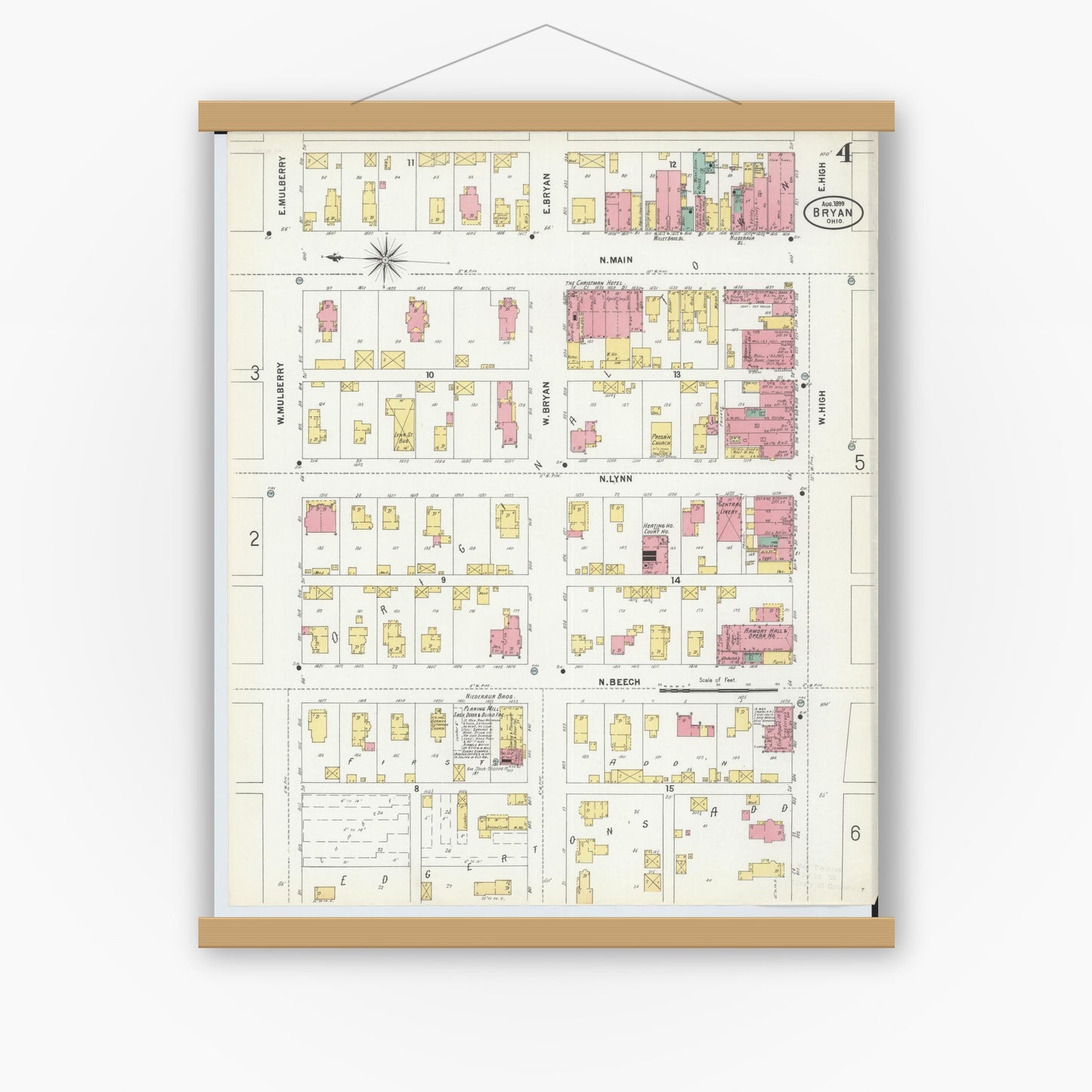 Old map wall art mockup — magnetic wood frame on white wall — Sanborn Fire Insurance Map from Bryan, Williams County, Ohio (1899), Sheet #0004