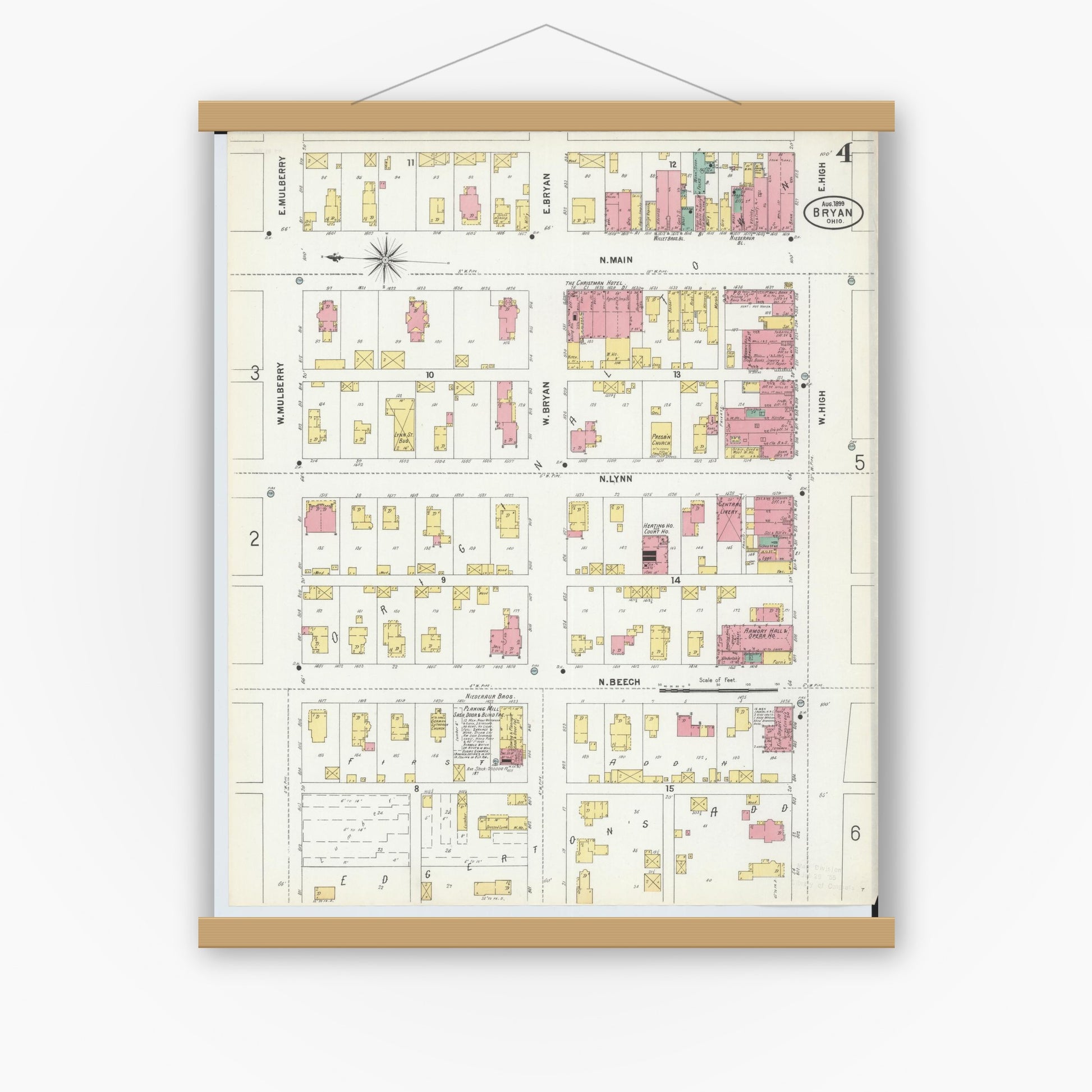 Old map wall art mockup — magnetic wood frame on white wall — Sanborn Fire Insurance Map from Bryan, Williams County, Ohio (1899), Sheet #0004