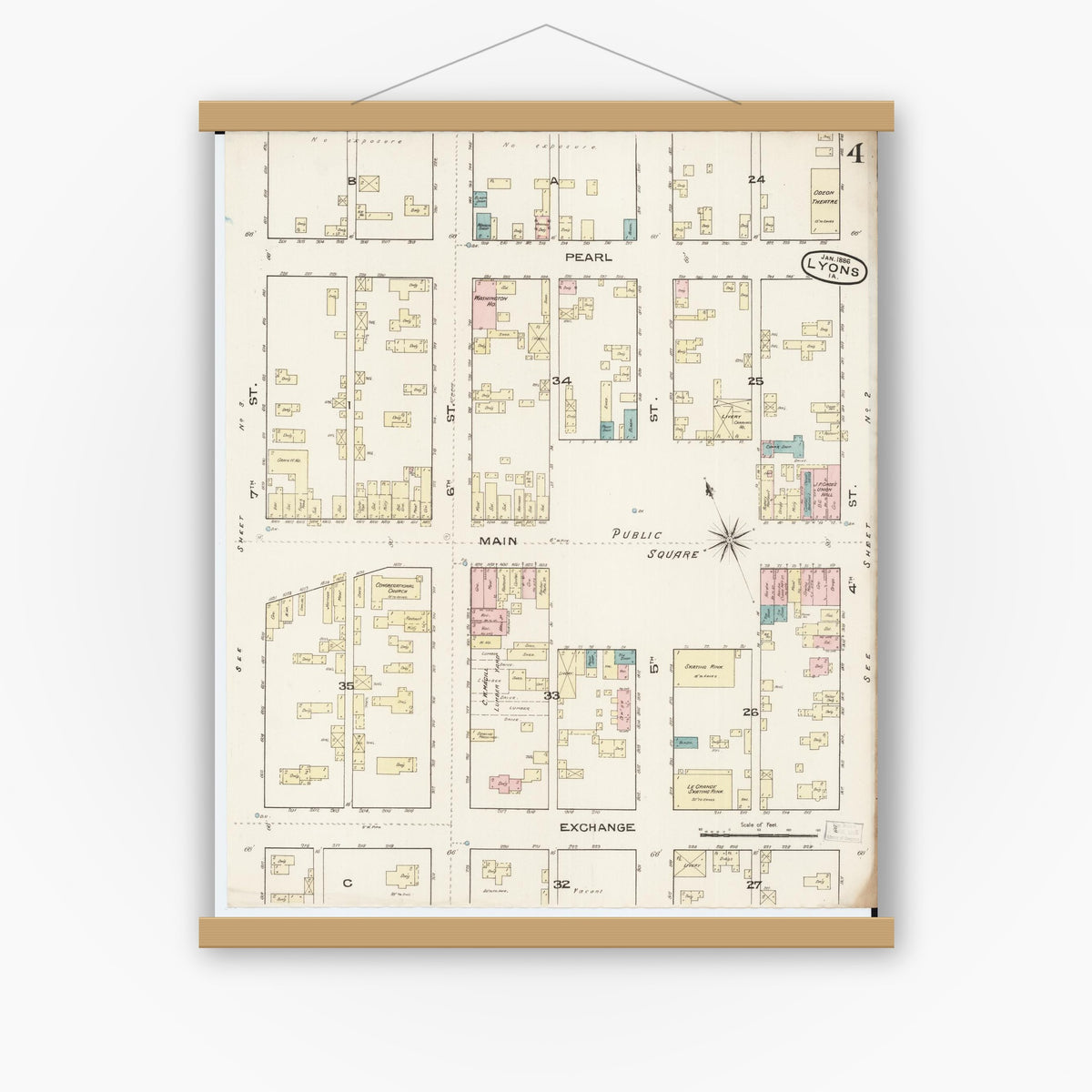 Old map wall art mockup — magnetic wood frame on white wall — Sanborn Fire Insurance Map from Lyons, Clinton County, Iowa (1886), Sheet #0004