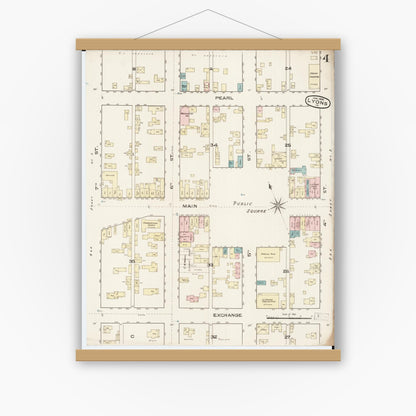 Old map wall art mockup — magnetic wood frame on white wall — Sanborn Fire Insurance Map from Lyons, Clinton County, Iowa (1886), Sheet #0004