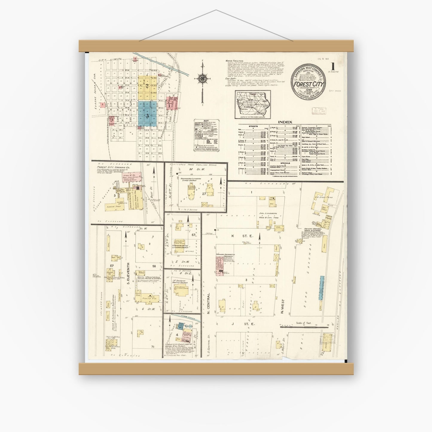 Old map wall art mockup — magnetic wood frame on white wall — Sanborn Fire Insurance Map from Forest City, Winnebago County, Iowa (1913), Sheet #0001