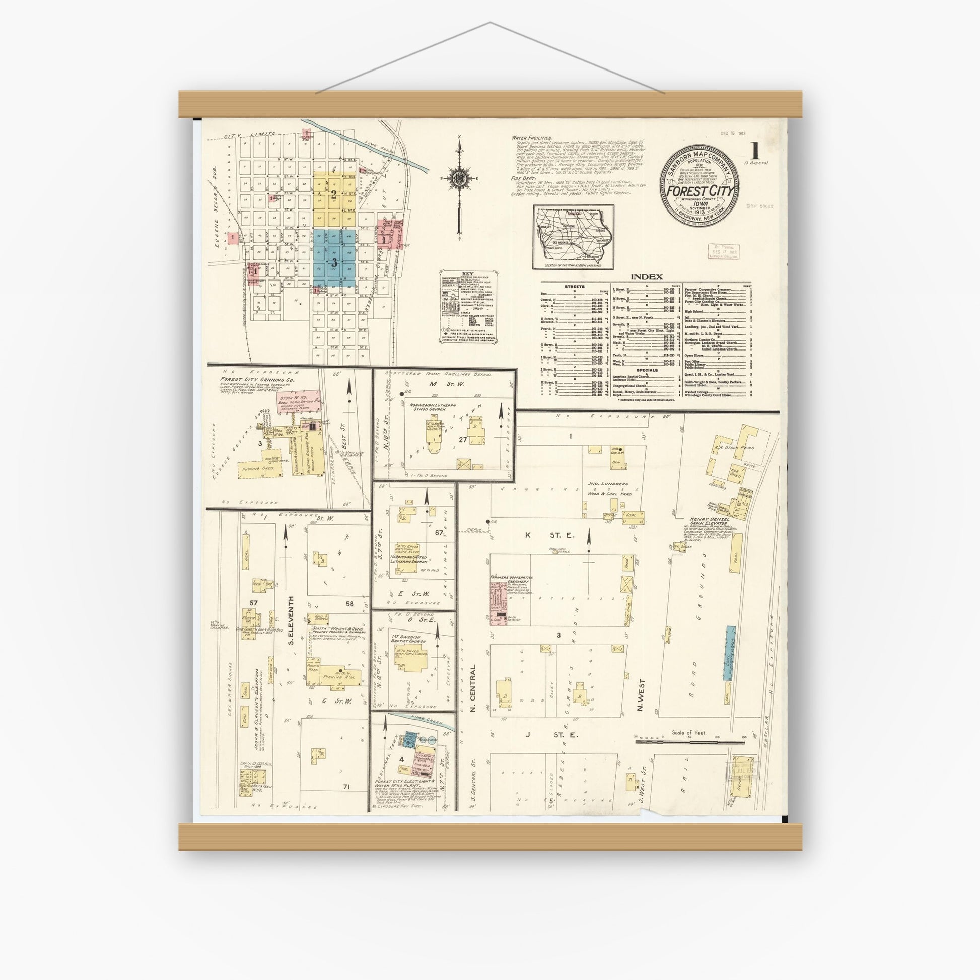 Old map wall art mockup — magnetic wood frame on white wall — Sanborn Fire Insurance Map from Forest City, Winnebago County, Iowa (1913), Sheet #0001