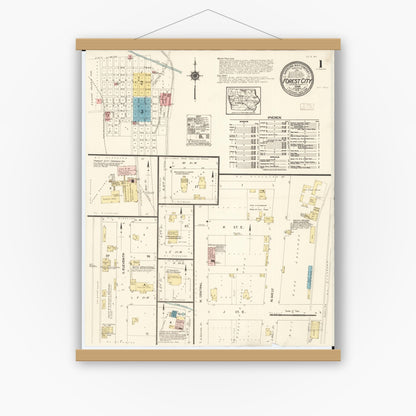 Old map wall art mockup — magnetic wood frame on white wall — Sanborn Fire Insurance Map from Forest City, Winnebago County, Iowa (1913), Sheet #0001