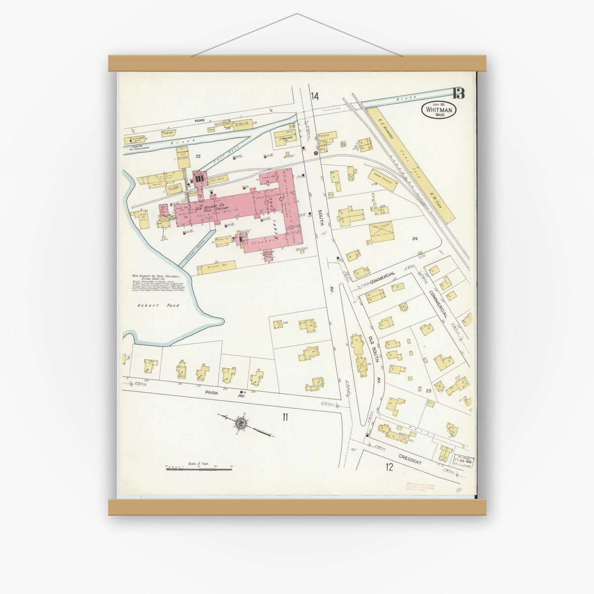 Old map wall art mockup — magnetic wood frame on white wall — Sanborn Fire Insurance Map from Whitman, Plymouth County, Massachusetts (1911), Sheet #0013