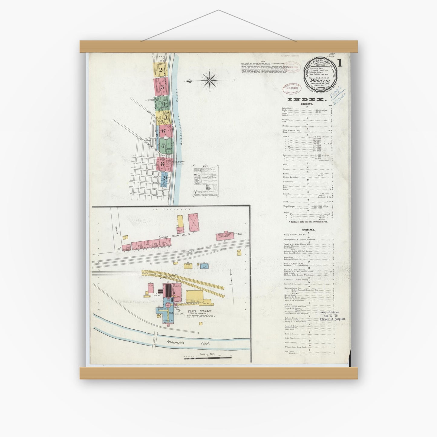 Old map wall art mockup — magnetic wood frame on white wall — Sanborn Fire Insurance Map from Marietta, Lancaster County, Pennsylvania (1899), Sheet #0001