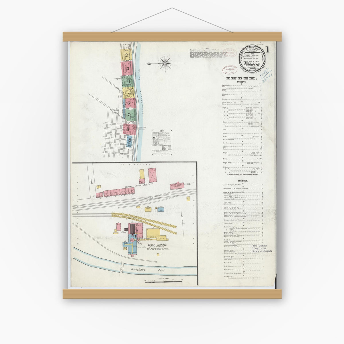 Old map wall art mockup — magnetic wood frame on white wall — Sanborn Fire Insurance Map from Marietta, Lancaster County, Pennsylvania (1899), Sheet #0001