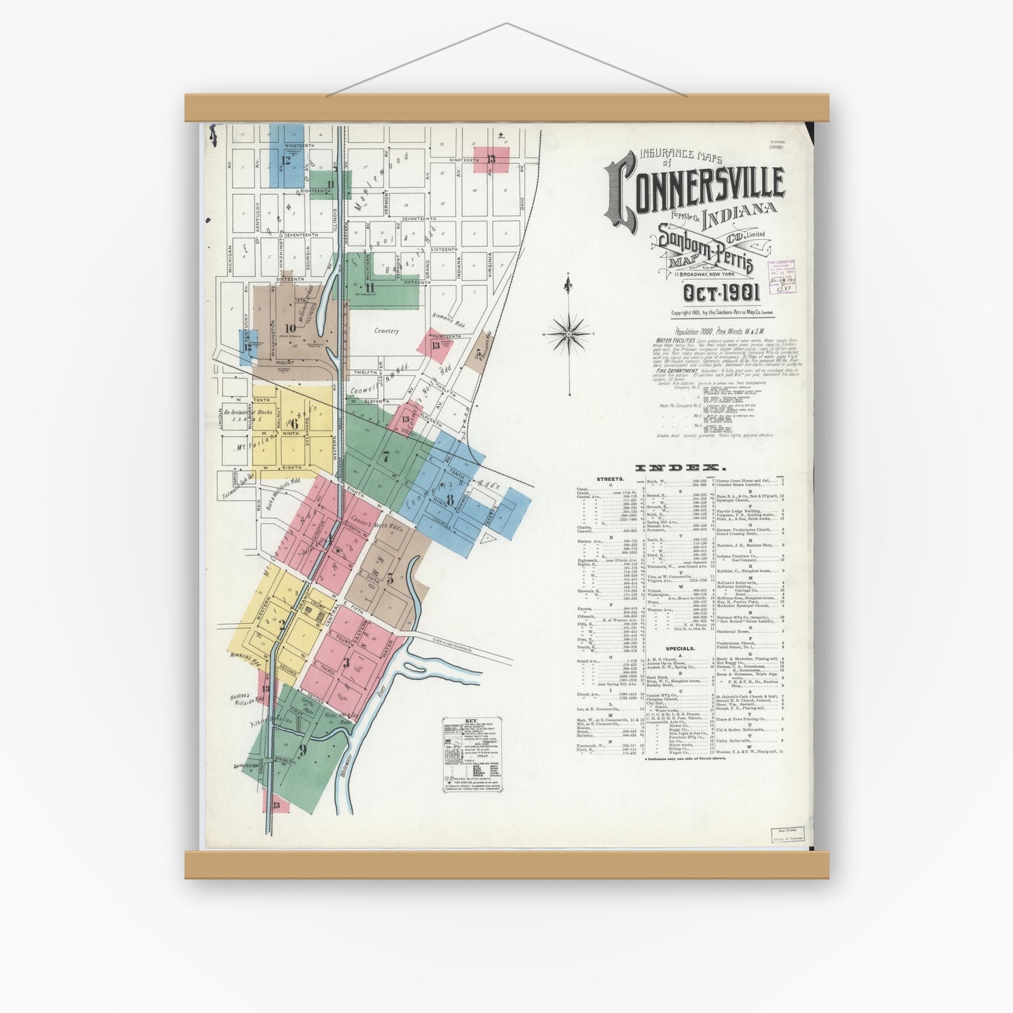 Old map wall art mockup — magnetic wood frame on white wall — Sanborn Fire Insurance Map from Connersville, Fayette County, Indiana (1901) - Complete Map Set