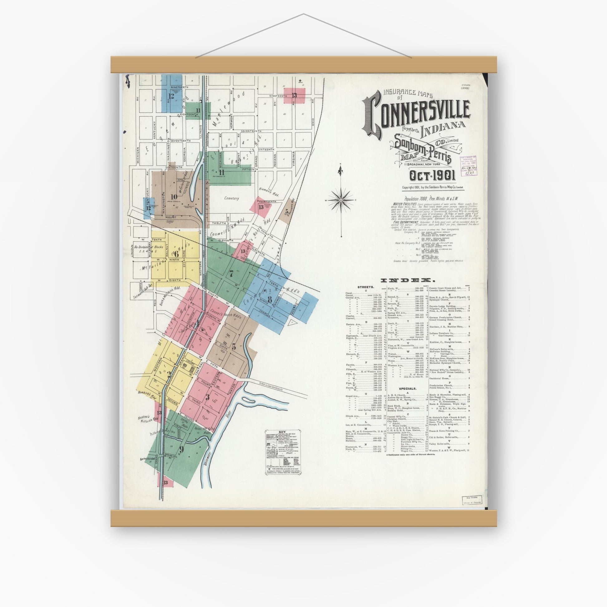 Old map wall art mockup — magnetic wood frame on white wall — Sanborn Fire Insurance Map from Connersville, Fayette County, Indiana (1901) - Complete Map Set