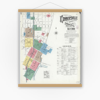 Old map wall art mockup — magnetic wood frame on white wall — Sanborn Fire Insurance Map from Connersville, Fayette County, Indiana (1901) - Complete Map Set