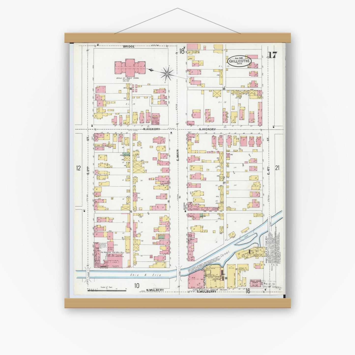 Old map wall art mockup — magnetic wood frame on white wall — Sanborn Fire Insurance Map from Chillicothe, Ross County, Ohio (1900), Sheet #0017