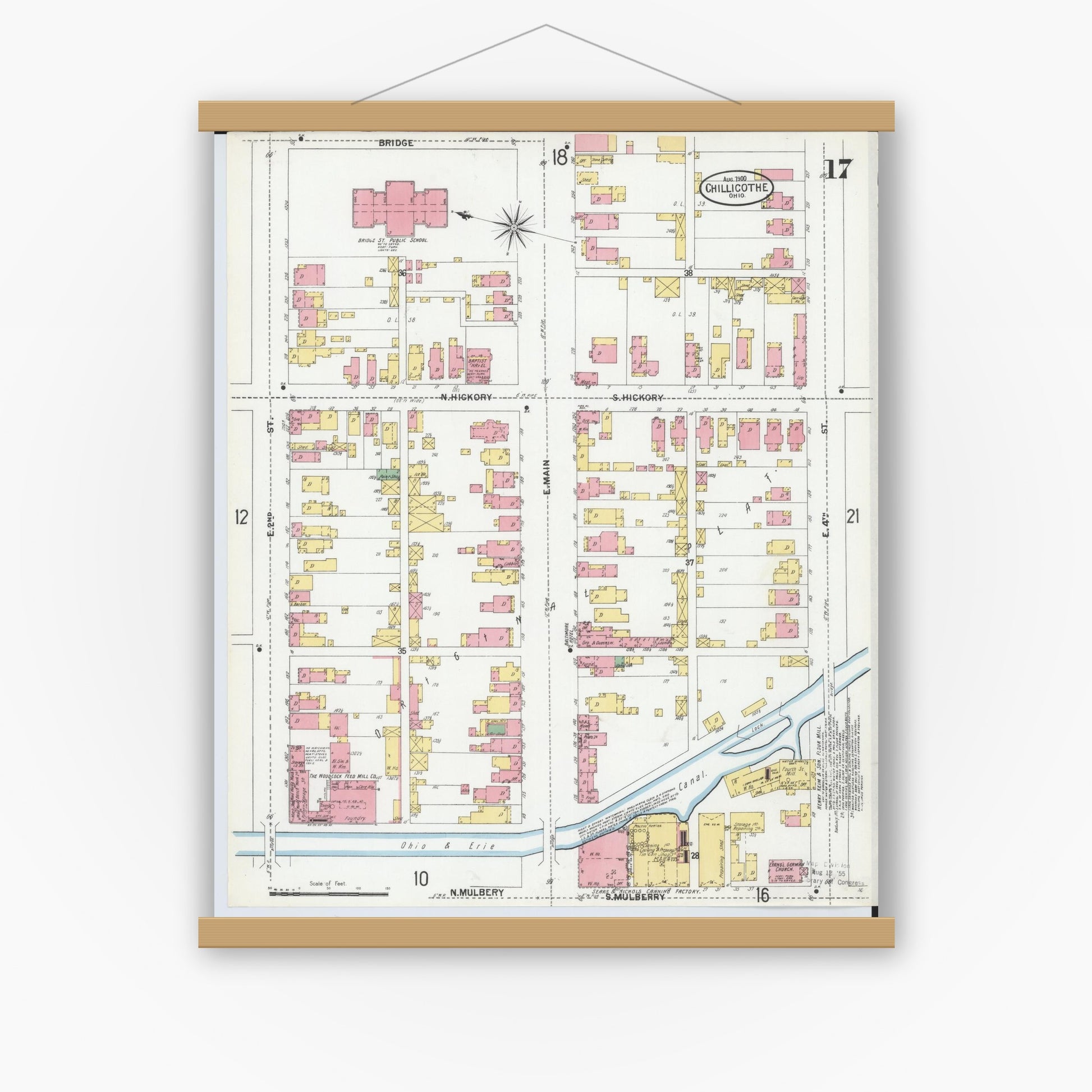 Old map wall art mockup — magnetic wood frame on white wall — Sanborn Fire Insurance Map from Chillicothe, Ross County, Ohio (1900), Sheet #0017