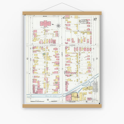 Old map wall art mockup — magnetic wood frame on white wall — Sanborn Fire Insurance Map from Chillicothe, Ross County, Ohio (1900), Sheet #0017