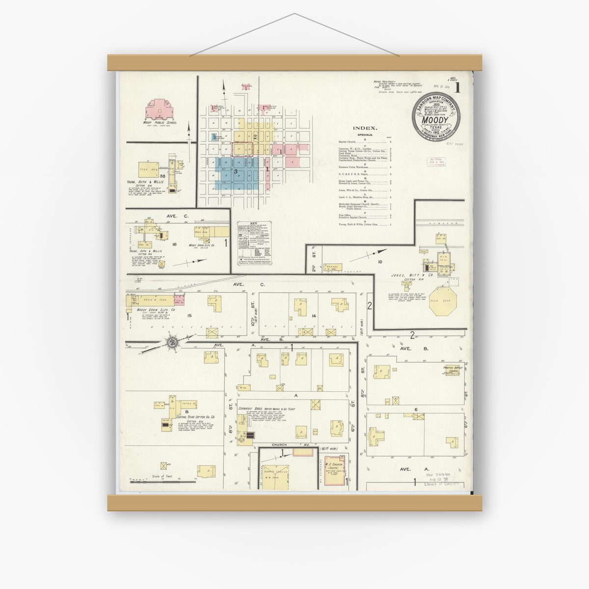 Old map wall art mockup — magnetic wood frame on white wall — Sanborn Fire Insurance Map from Moody, McLennan County, Texas (1912), Sheet #0001