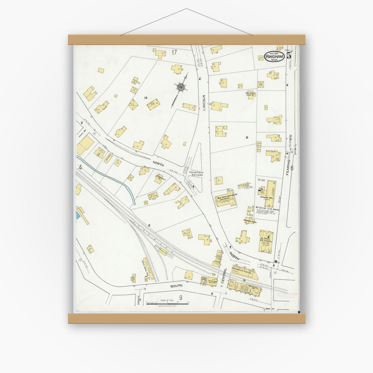 Old map wall art mockup — magnetic wood frame on white wall — Sanborn Fire Insurance Map from Hingham, Plymouth County, Massachusetts (1921), Sheet #0005