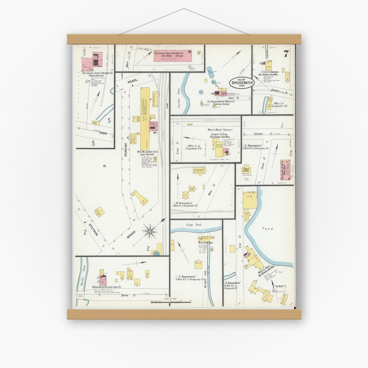 Old map wall art mockup — magnetic wood frame on white wall — Sanborn Fire Insurance Map from Bridgewater, Plymouth County, Massachusetts (1901), Sheet #0007