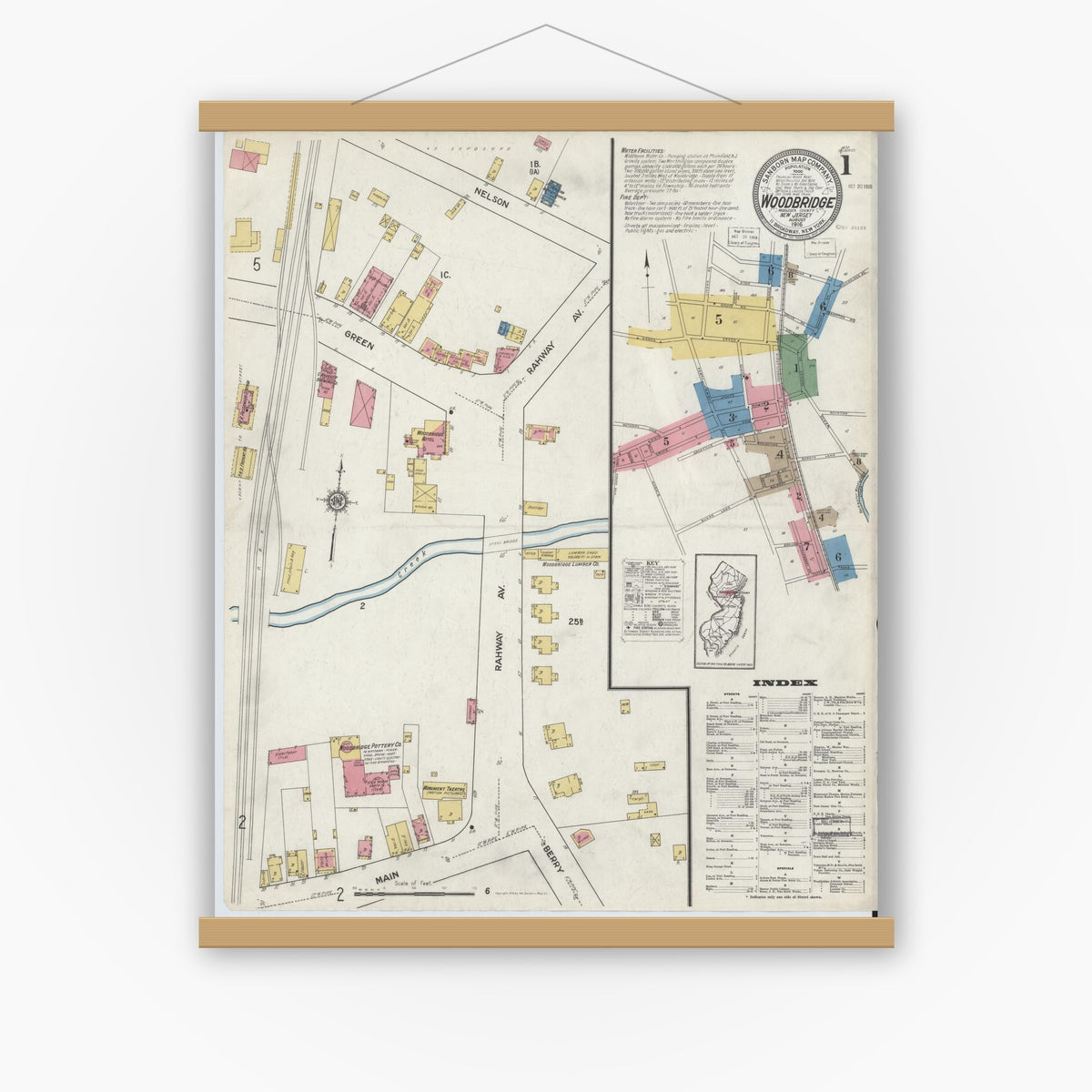 Old map wall art mockup — magnetic wood frame on white wall — Sanborn Fire Insurance Map from Woodbridge, Middlesex County, New Jersey (1916), Sheet #0001