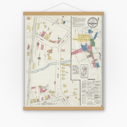Old map wall art mockup — magnetic wood frame on white wall — Sanborn Fire Insurance Map from Woodbridge, Middlesex County, New Jersey (1916), Sheet #0001