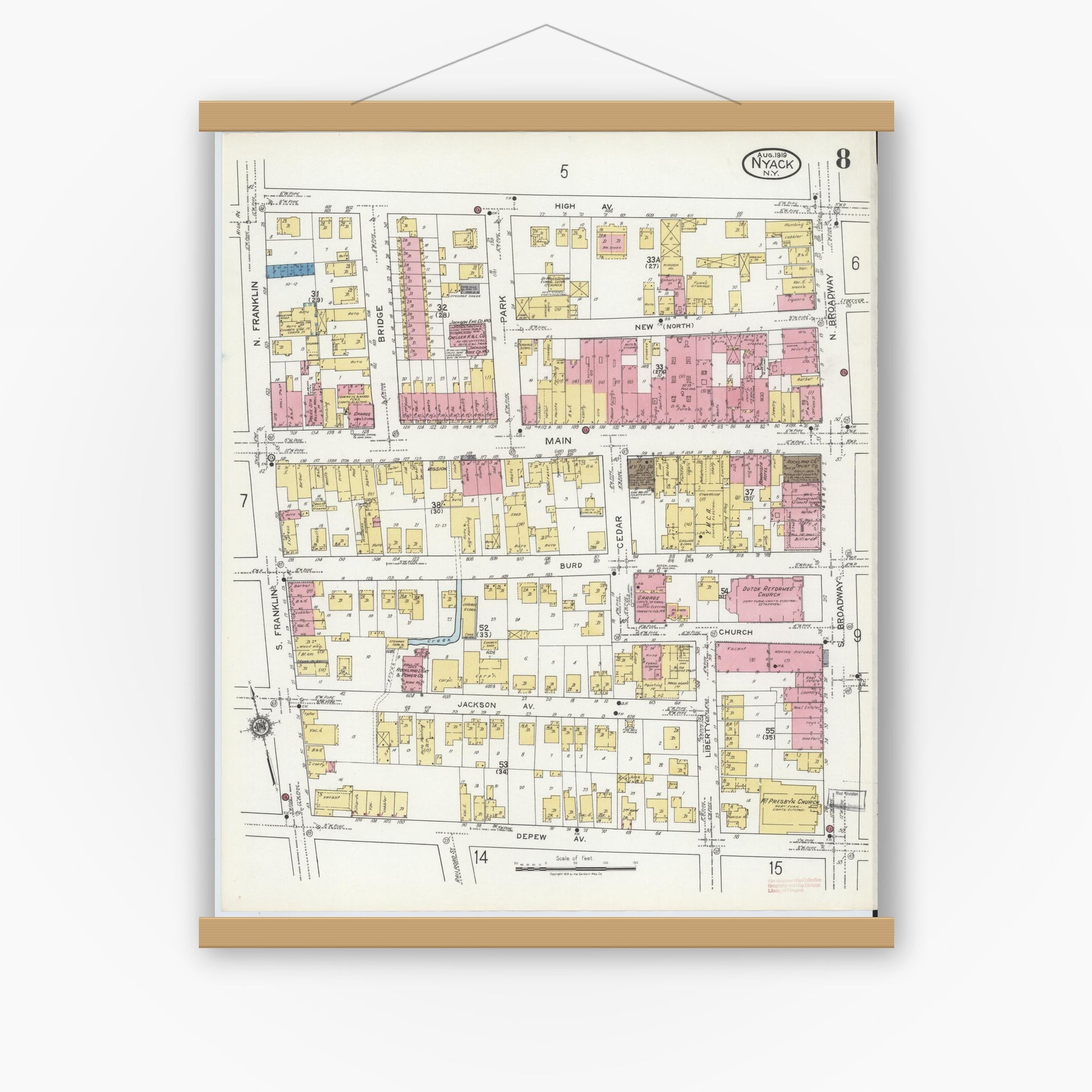 Old map wall art mockup — magnetic wood frame on white wall — Sanborn Fire Insurance Map from Nyack, Rockland County, New York. (1919), Sheet #0008