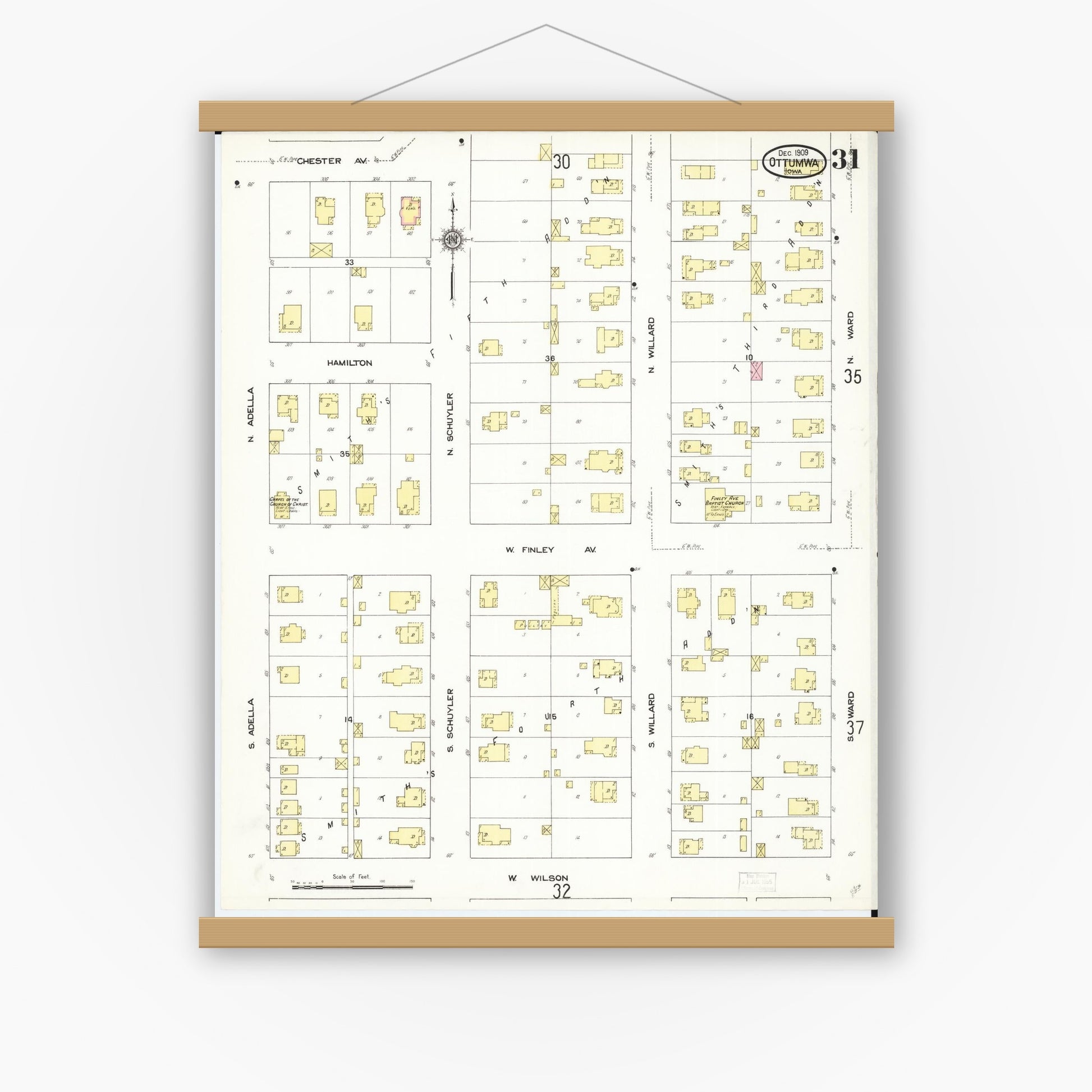 Old map wall art mockup — magnetic wood frame on white wall — Sanborn Fire Insurance Map from Ottumwa, Wapello County, Iowa (1909), Sheet #0031