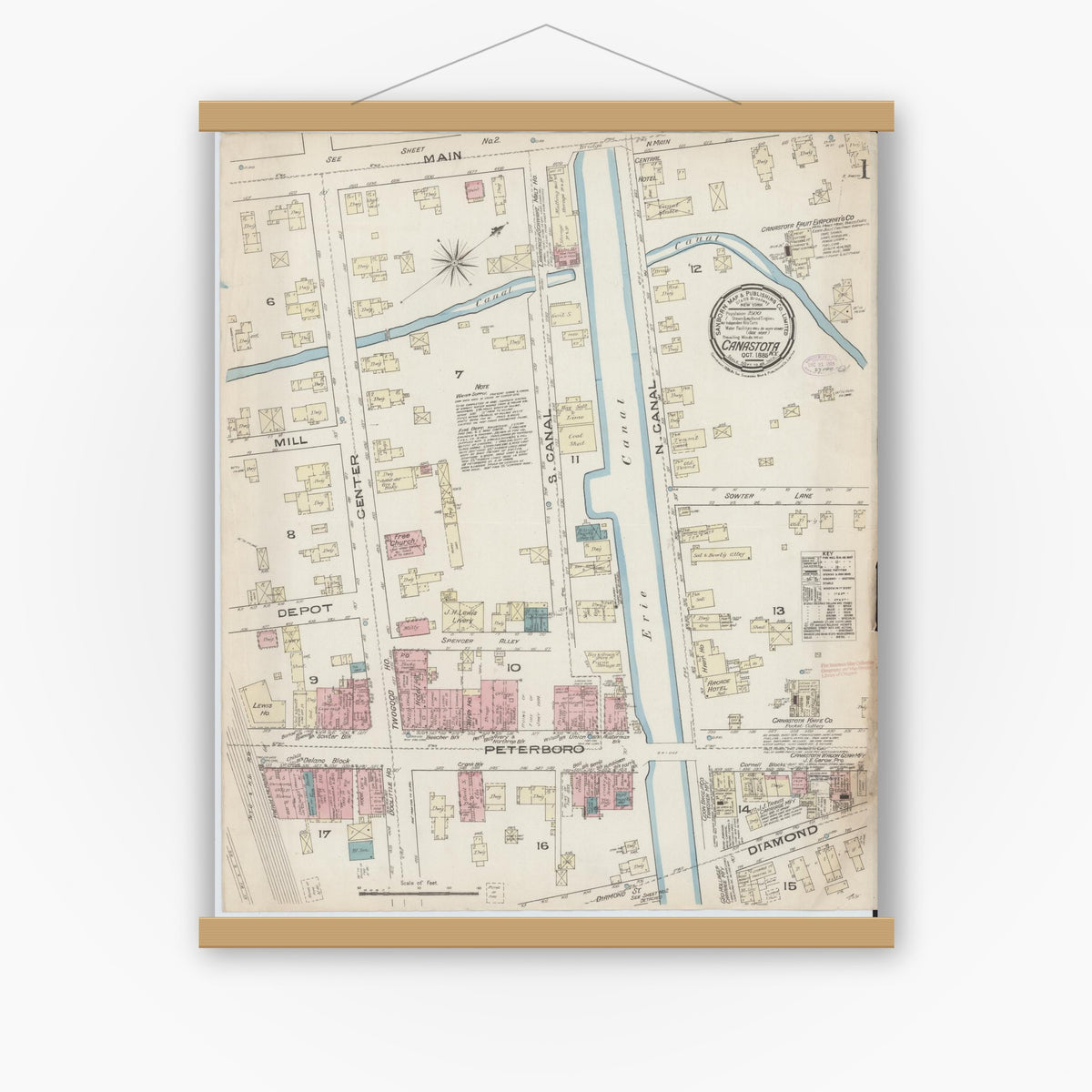 Old map wall art mockup — magnetic wood frame on white wall — Sanborn Fire Insurance Map from Canastota, Madison County, New York (1885), Sheet #0001