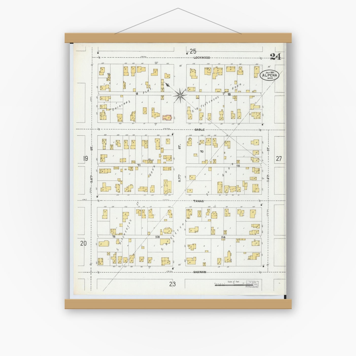 Old map wall art mockup — magnetic wood frame on white wall — Sanborn Fire Insurance Map from Alpena, Alpena County, Michigan (1901), Sheet #0024