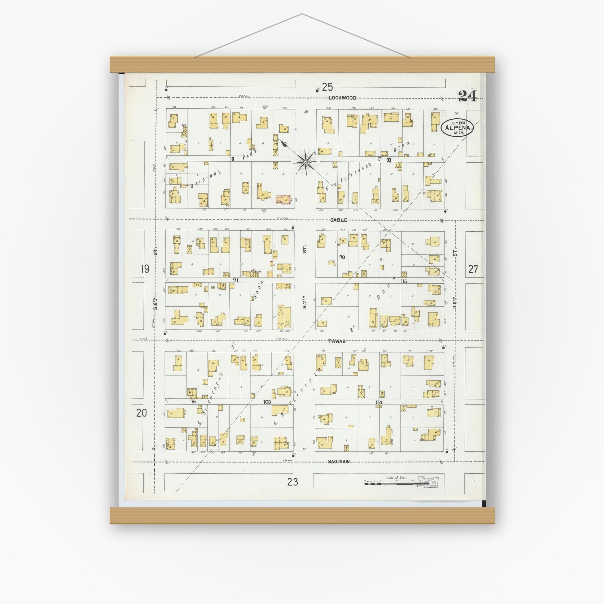 Old map wall art mockup — magnetic wood frame on white wall — Sanborn Fire Insurance Map from Alpena, Alpena County, Michigan (1901), Sheet #0024