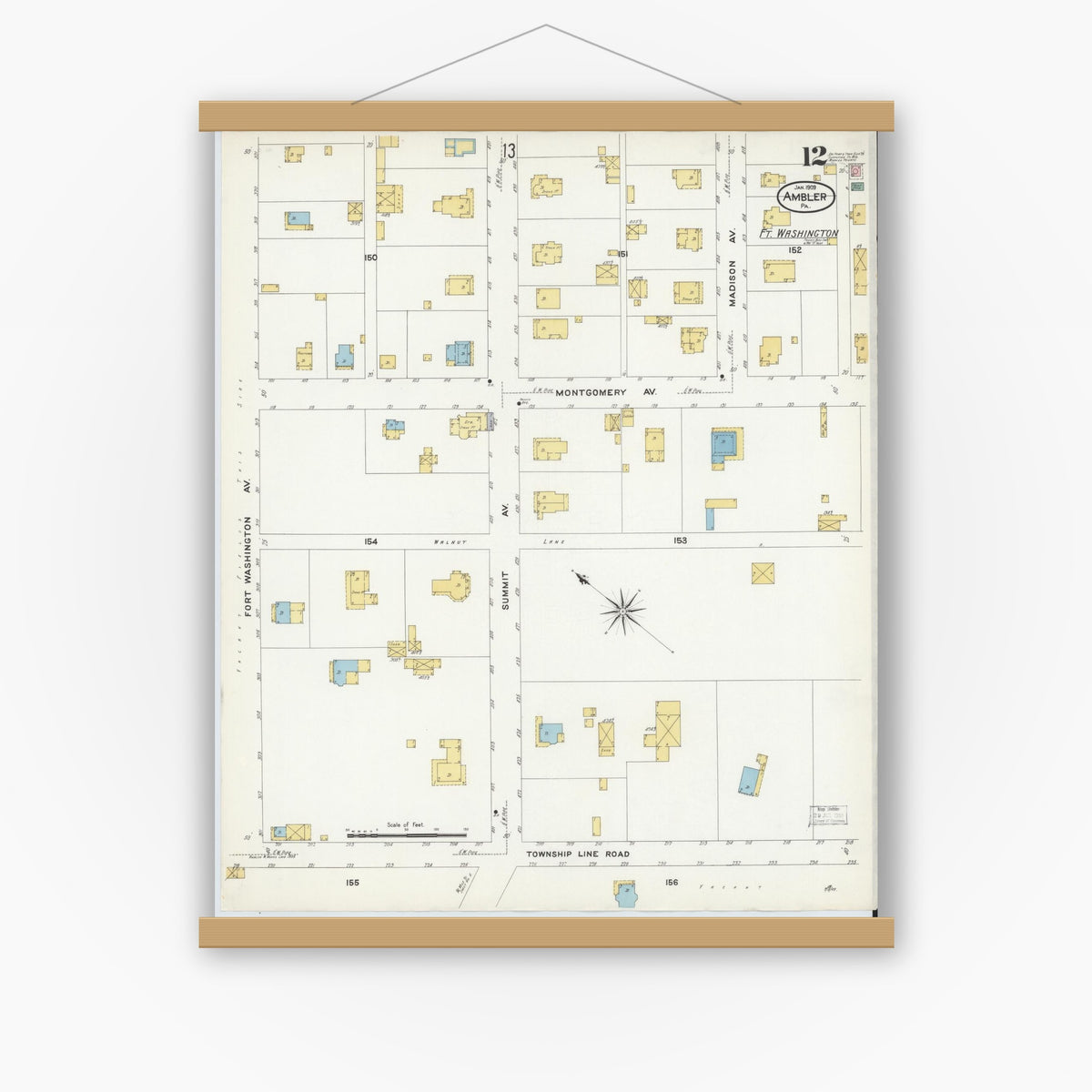 Old map wall art mockup — magnetic wood frame on white wall — Sanborn Fire Insurance Map from Ambler, Montgomery County, Pennsylvania (1909), Sheet #0012