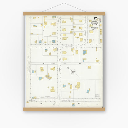 Old map wall art mockup — magnetic wood frame on white wall — Sanborn Fire Insurance Map from Ambler, Montgomery County, Pennsylvania (1909), Sheet #0012