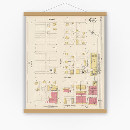 Old map wall art mockup — magnetic wood frame on white wall — Sanborn Fire Insurance Map from El Campo, Wharton County, Texas (1922), Sheet #0004