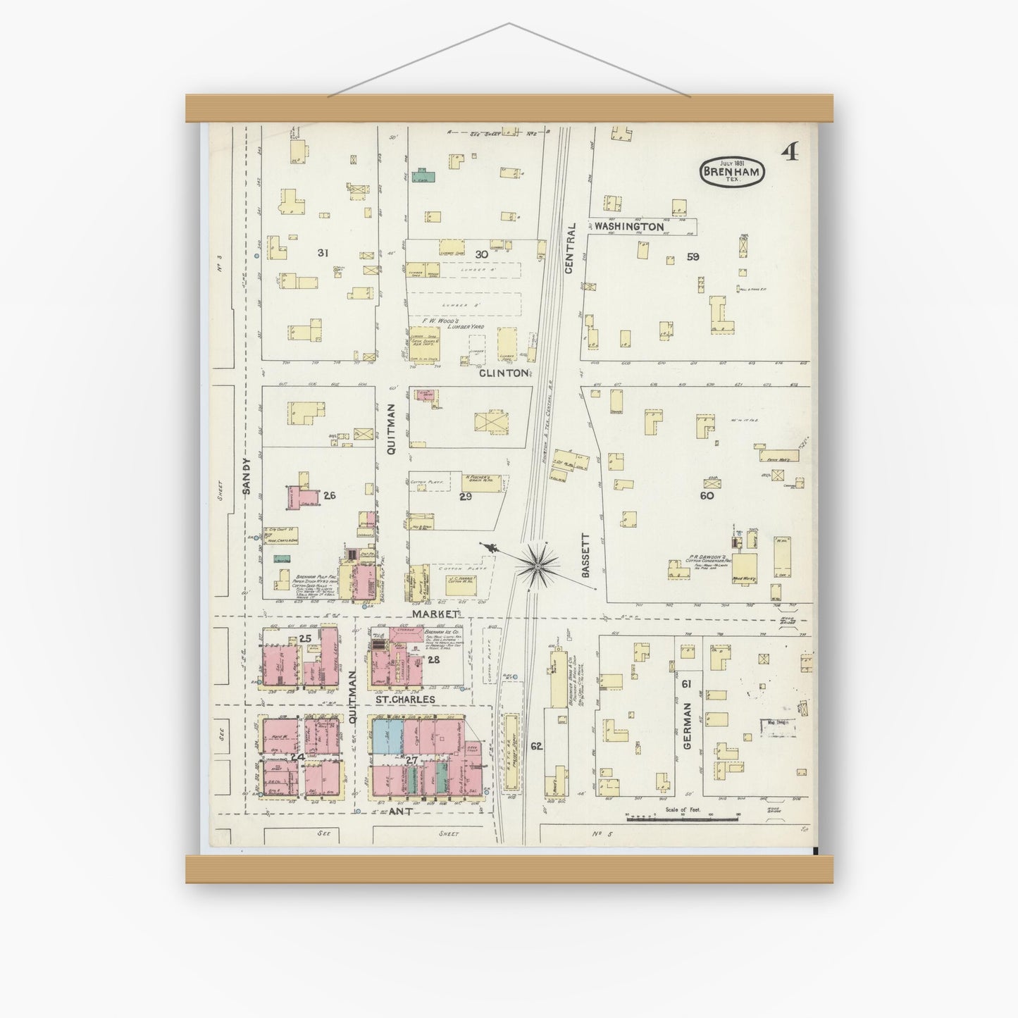 Old map wall art mockup — magnetic wood frame on white wall — Sanborn Fire Insurance Map from Brenham, Washington County, Texas (1891), Sheet #0004