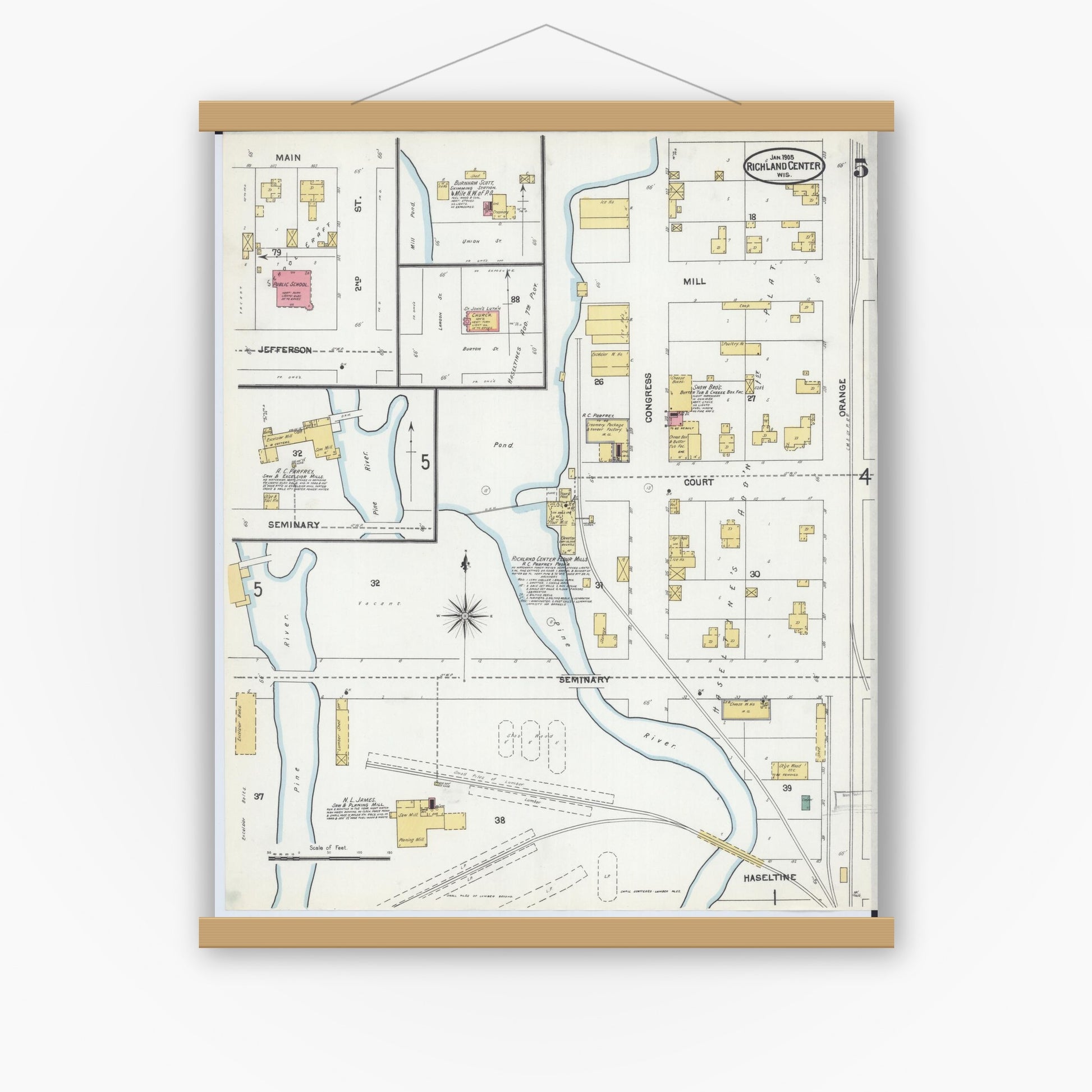 Old map wall art mockup — magnetic wood frame on white wall — Sanborn Fire Insurance Map from Richland Center, Richland County, Wisconsin (1905), Sheet #0005