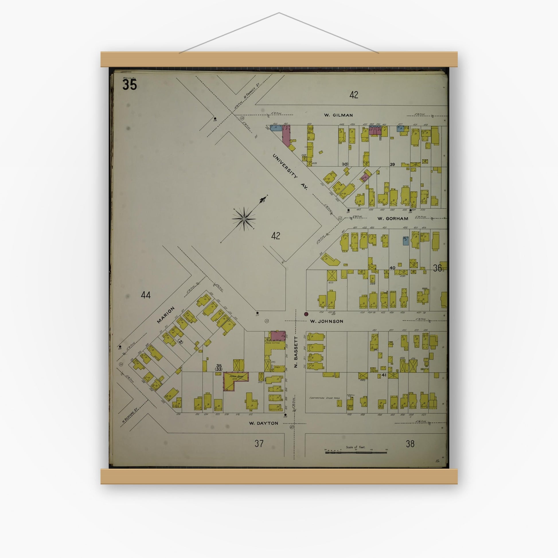 Old map wall art mockup — magnetic wood frame on white wall — Sanborn Fire Insurance Map from Madison, Dane County, Wisconsin (1908), Sheet #0035