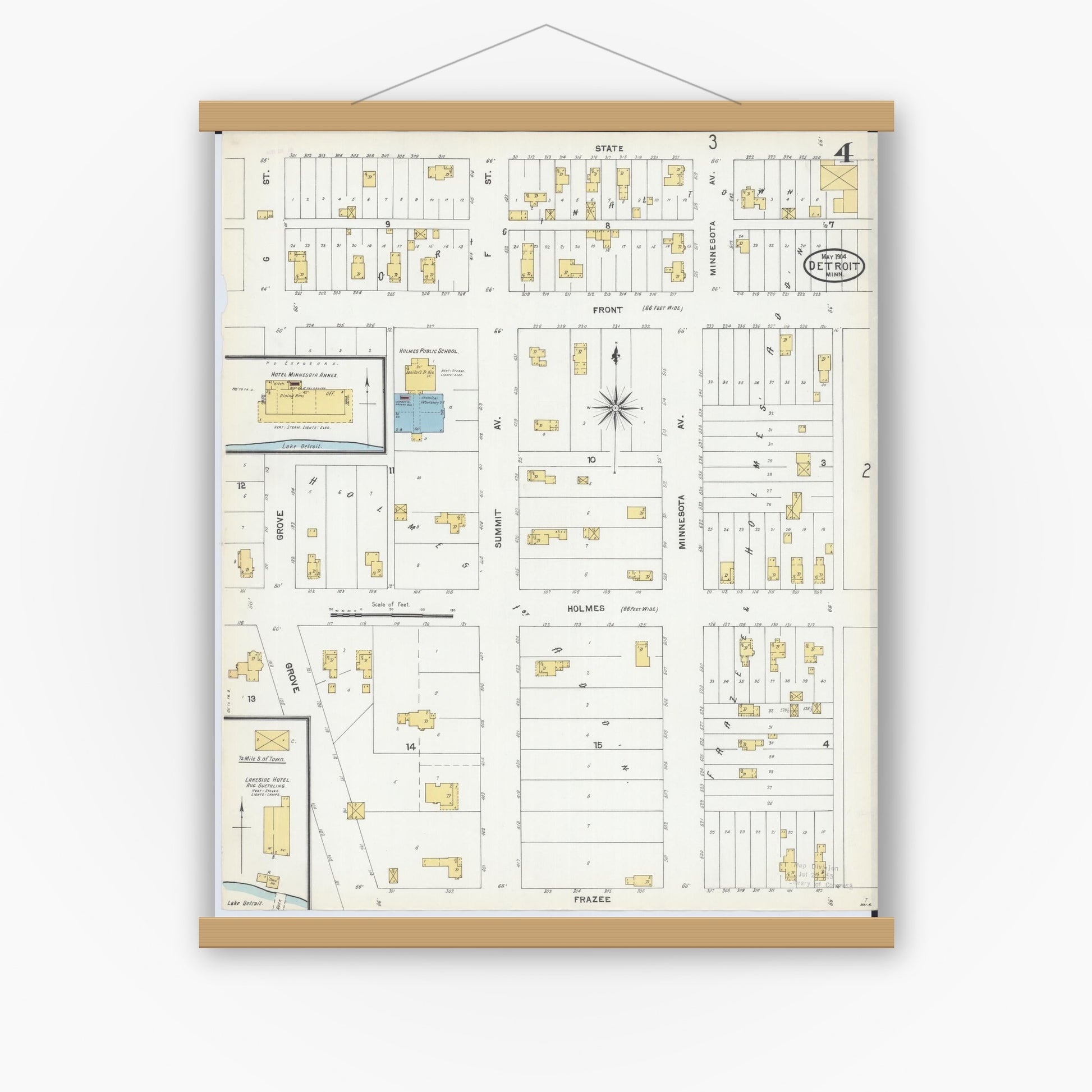 Old map wall art mockup — magnetic wood frame on white wall — Sanborn Fire Insurance Map from Detroit Lakes, Becker County, Minnesota (1904), Sheet #0004