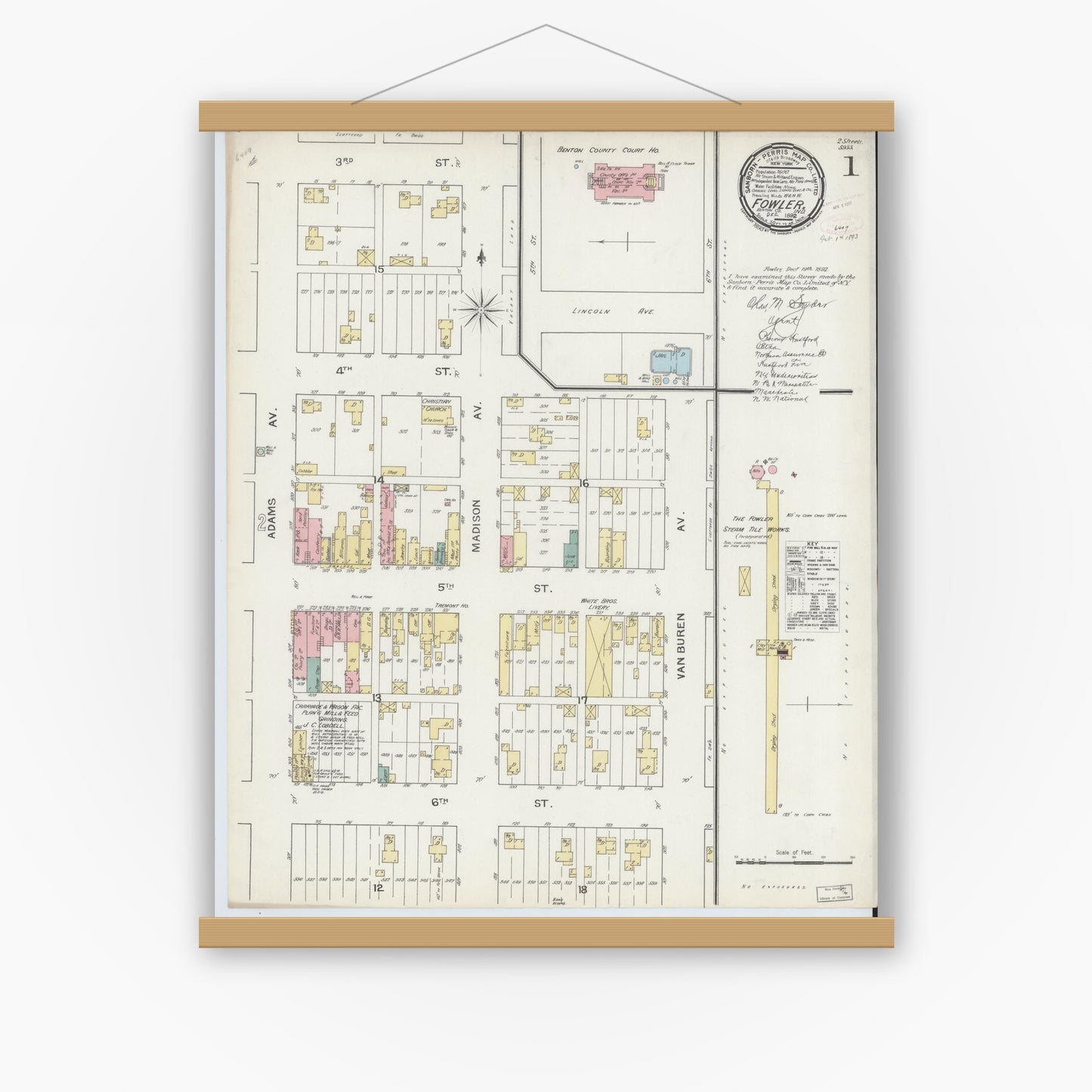 Old map wall art mockup — magnetic wood frame on white wall — Sanborn Fire Insurance Map from Fowler, Benton County, Indiana (1892) - Complete Map Set