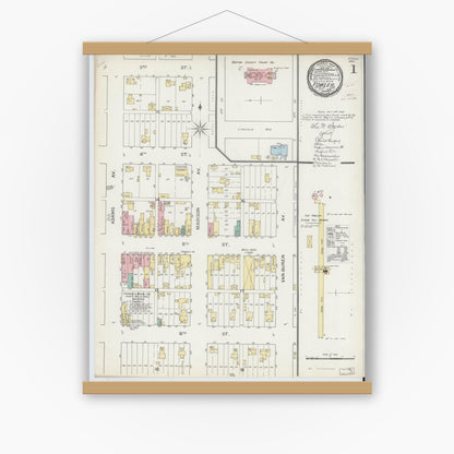 Old map wall art mockup — magnetic wood frame on white wall — Sanborn Fire Insurance Map from Fowler, Benton County, Indiana (1892) - Complete Map Set