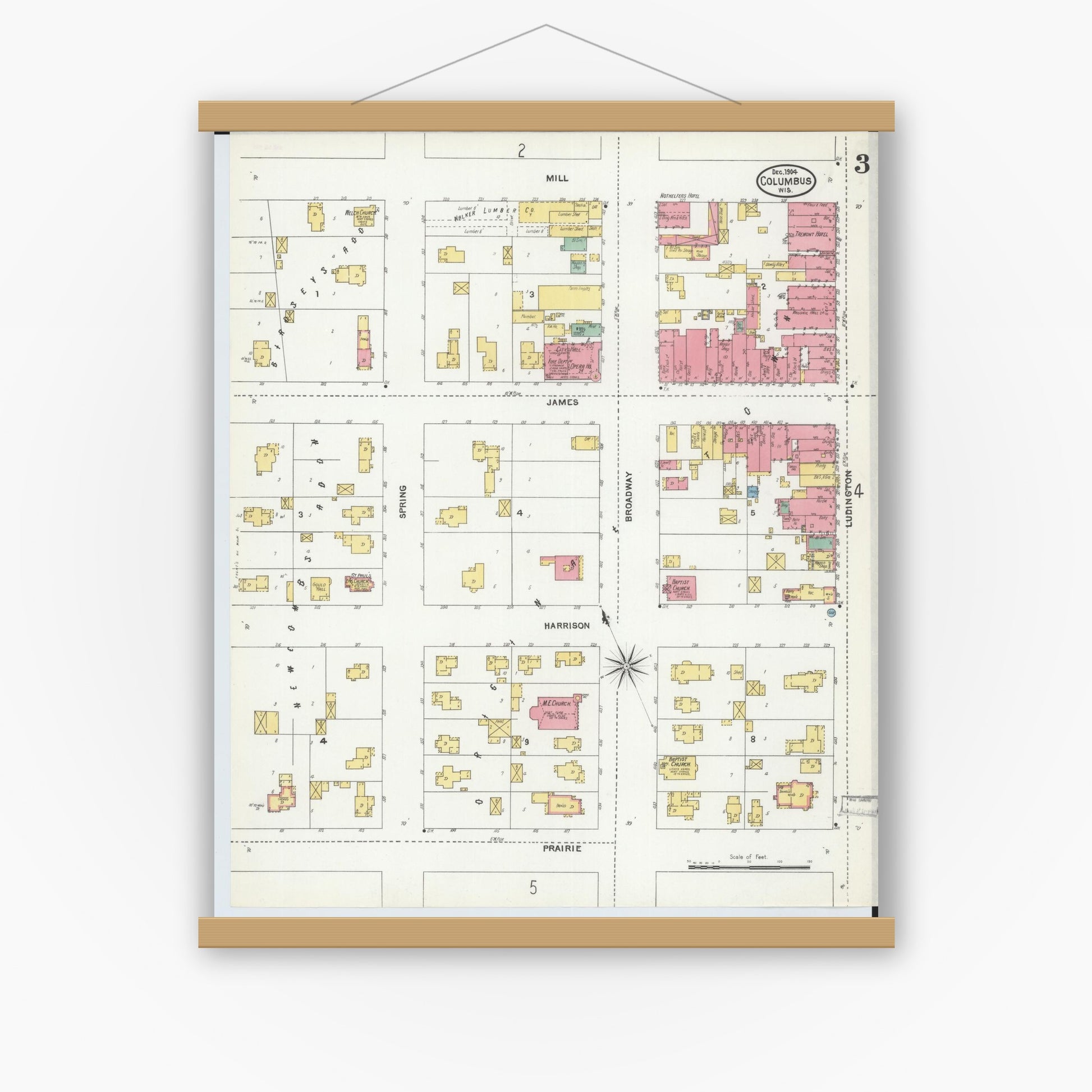 Old map wall art mockup — magnetic wood frame on white wall — Sanborn Fire Insurance Map from Columbus, Columbia and Dodge County, Wisconsin (1904), Sheet #0003