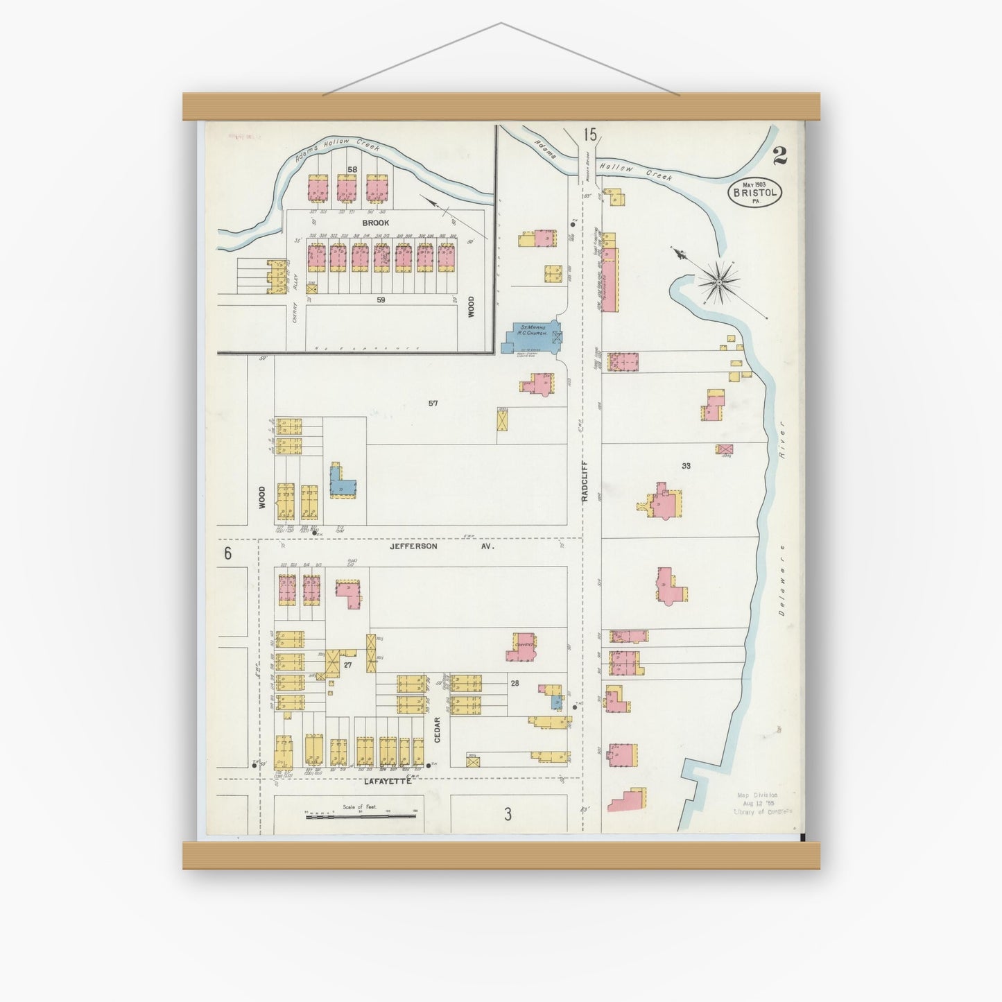 Old map wall art mockup — magnetic wood frame on white wall — Sanborn Fire Insurance Map from Bristol, Bucks County, Pennsylvania (1903), Sheet #0002