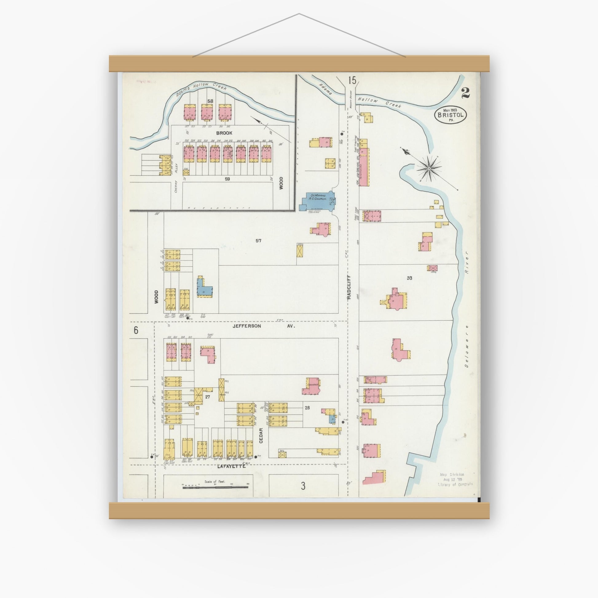 Old map wall art mockup — magnetic wood frame on white wall — Sanborn Fire Insurance Map from Bristol, Bucks County, Pennsylvania (1903), Sheet #0002