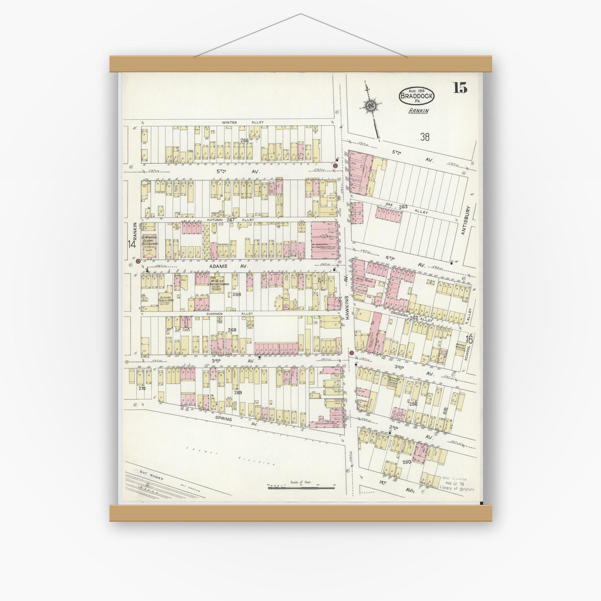 Old map wall art mockup — magnetic wood frame on white wall — Sanborn Fire Insurance Map from Braddock, Allegheny County, Pennsylvania (1914), Sheet #0015