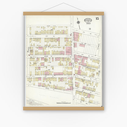 Old map wall art mockup — magnetic wood frame on white wall — Sanborn Fire Insurance Map from Braddock, Allegheny County, Pennsylvania (1914), Sheet #0015