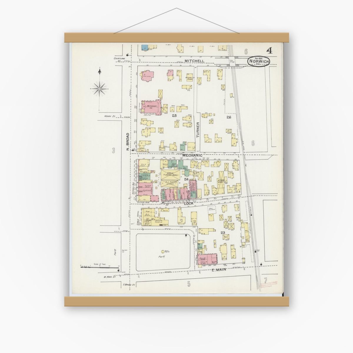 Old map wall art mockup — magnetic wood frame on white wall — Sanborn Fire Insurance Map from Norwich, Chenango County, New York (1892), Sheet #0004